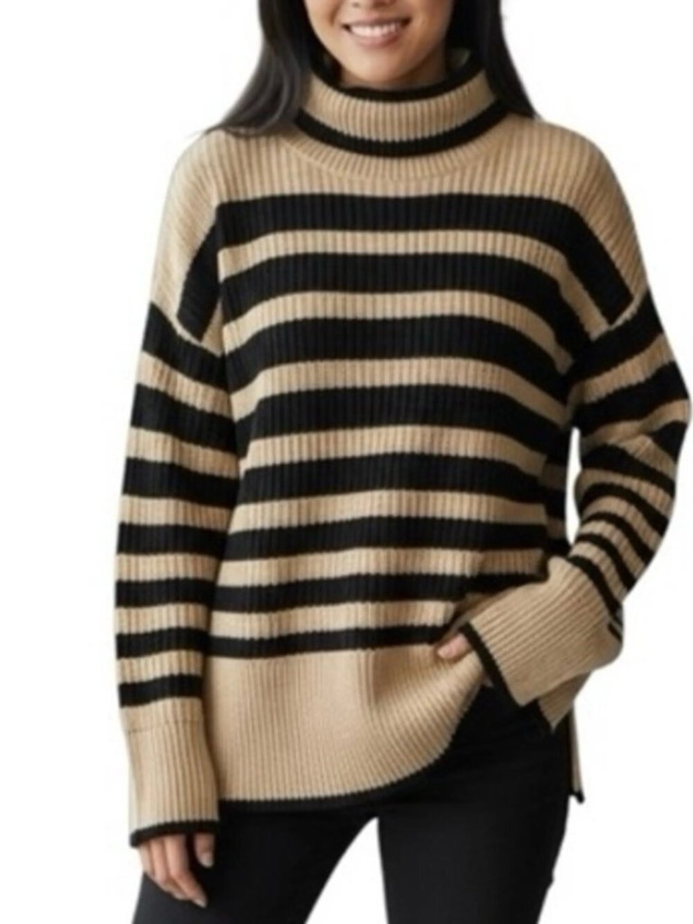 Cabi polo chunky ribbed turtleneck sweater camel tan black stripe new Small